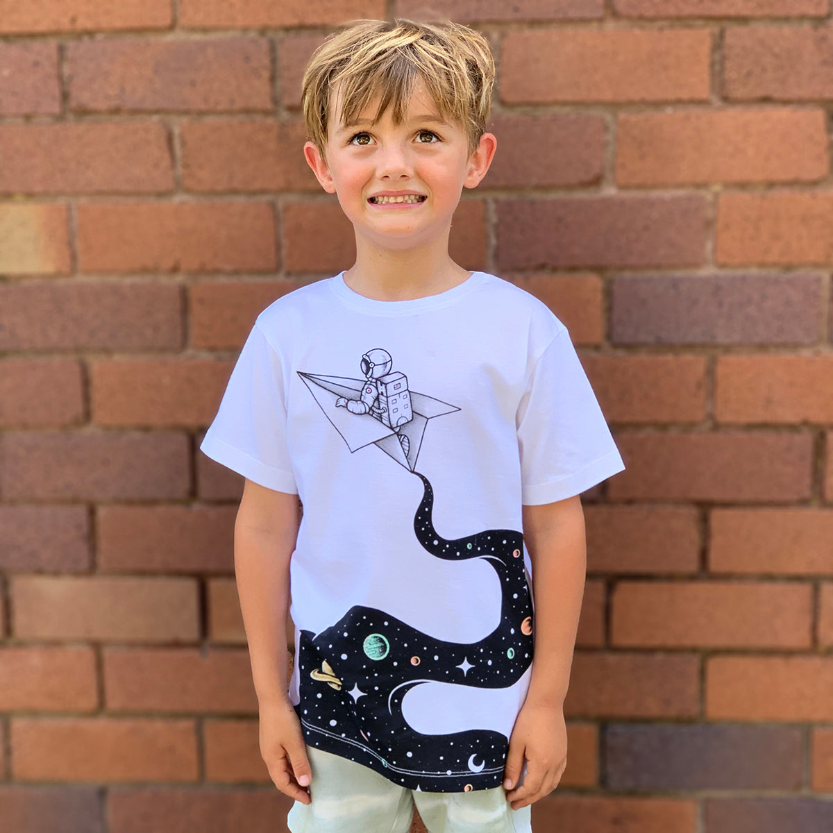 Cosmic Journey White Kids Tee - Image 4