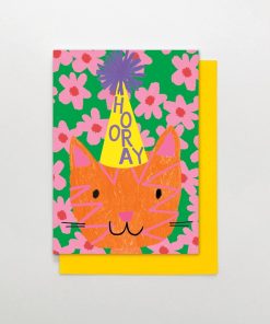 Stop The Clock: Cat With Hooray Party Hat Greeting Card (Pink Lemon)